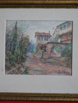 Aquarell , Landschaft mit Gehöft ,Künstlermonogramm R.W. (Rose Döner geb. Weimer) 09, 1909 - Görlitz