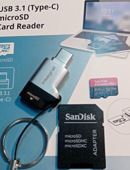 OTG Kartenleser - USB 3.1 Typ C - Integral MicroSD Laufwerk - SanDisk ExtremePro - MicroSDXC 64GB mit einer Datenübertragung von bis zu 200MB/s - inclusive SD-Adapter - Fürth