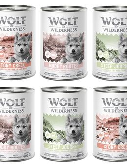 6 x 400 g Wolf of Wilderness Nassfutter zum Probierpreis! - JUNIOR Mix: Muddy Routes, Steep Journey, Stony Creek