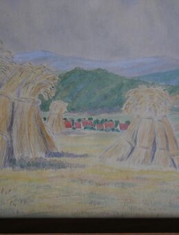 Aquarell mit Bleistift , Landschaft mit Kornpuppen ,Künstlermonogramm , datiert 1947 , Größe mit Rahmen 47cm x 37cm - Görlitz