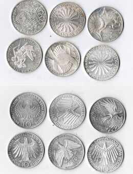 Olympische Spiele 1972 Olympiade in München (Silber) sechs 10 DM Gedenkmünzen - Sinsheim