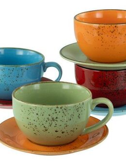 CreaTable Cappuccinotasse Nature Collection Mediterran, Cappuccino-Set, 8-tlg., Steinzeug, Handwerklicher Look, Vintage