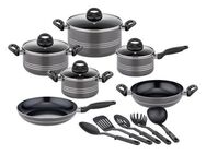 GSW Topf-Set Milano Nero, Aluminium (Set, 15-tlg., je 1 Kochtopf 16/20/2 cm, 1 Stielkasserolle 16cm, je 1 Pfanne 24/28cm), Induktion, inkl. 5-teiliges Küchenhelfer-Set