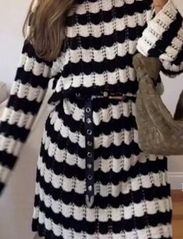 Oversize Pointelle Midi Strickkleid Häkel Kleid schwarz weiß Trompetenärmel gr. 34 XS,36 S,38 M NEU - Hardheim