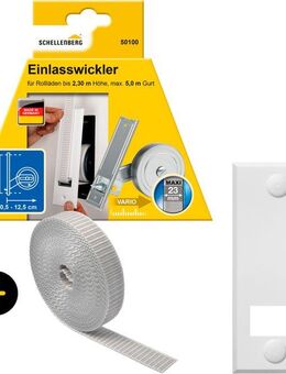 SCHELLENBERG Einlass-Gurtwickler Unterputz, inkl. Abdeckplatte weiß und Rollladengurt in grau oder weiß, Set, 1-tlg., 10,5 cm Lochabstand für das Rollladensystem Maxi