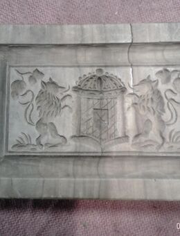 Spekulatius Model muselen höfische Bäckerei um 1840 "Löwen und Wappenkartusche" Kirschbaum Masse: 15 x 9 c 2.3 cm - Sternenfels