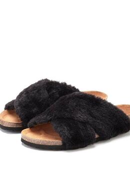 LASCANA Mule, Sandale, offener Schuh, Pantolette Hausschuh mit Korkfußbett und Fellimitat