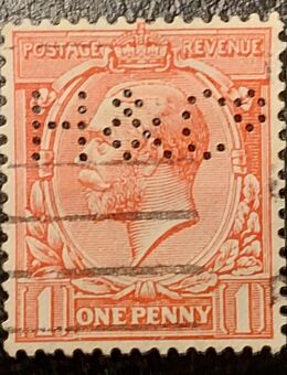Briefmarke POSTAGE REVENUE, verm. 1913, ONE PENNY, rot, mit Perfins H & C, gestempelt, sehr selten - Leverkusen