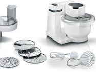 BOSCH Küchenmaschine Serie 2 MUMSAW01, Kunststoffschüssel, Durchlaufschnitzler, weiß, 700 W, 3,8 l Schüssel, 4 Scheiben, Knethaken/Rühr-/Schlagbesen, Edelstahl spülm.fest