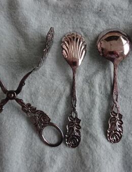 -8-Kuchengabeln+je 1 Kuchenschaufel+Sahne-u.Zuckerlöffel+Zuckerzange versilbert + St.-8-Espressilöffel Spatendekor - Bonn