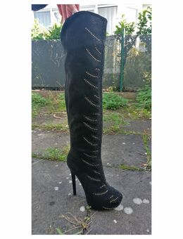 Gr. 40, sexy Plateau High Heels Overknee Stiefel - GLITZER schwarz-gold - Bruchköbel