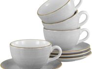 CreaTable Cappuccinotasse Vintage Nature Stein, Cappuccino-Set, 8-tlg., Porzellan, Handgemalt, Gesprenkelt, Rustikales Außenband