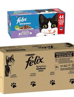 Jumbopack Felix + 44 x 85 g Pouches gratis! - 120 x 85 g "Sensations" Geschmacksvielfalt vom Land + 44 x 85 g Original Lachs, Thunfisch, Rind, Huhn