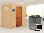 Karibu Sauna "Sonja" mit bronzierter Tür und Kranz Ofen 9 kW Bio externe Strg, BxTxH: 224 x 160 x 202 cm, 38 mm