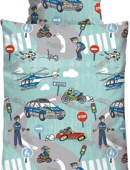 Biberna Kinderbettwäsche Ela in Gr. 100x135 oder 135x200 cm, für Kinder, Kinderbettwäsche, Feinbiber, 2 teilig, Feinbiber kuschelig warm im Winter, Kinderbettwäsche Polizei, Kinder