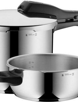 WMF Schnellkochtopf Perfect RDS, Cromargan® Edelstahl Rostfrei 18/10 (2-tlg., 1 Dampf-Druckkochtopf (V 6,5l, Ø 22cm), 1 Bratpfanne (V 3,0l, Ø 22cm), Dampfkochtopf mit abnehmbarem Deckelgriff, Induktion