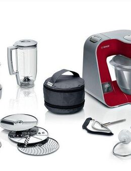 BOSCH Küchenmaschine Serie 4 MUM5X720, integr. Waage, Durchlaufschnitzler, Mixer, rot, 1000 W, 3,9 l Schüssel, 3 Scheiben, Schüssel, Knethaken/Rühr-/Schlagbesen, spülmaschinenfest