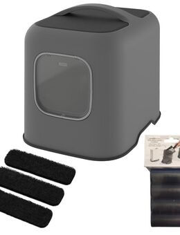 Rotho MyPet Katzentoilette BIALA - Sparset: Katzentoilette anthrazit + 3 x Aktivkohlefilter + 4 x Hygienebeutel