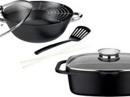 GSW Topf-Set Gourmet Granit, Gusseisen (Set, 4-tlg., 1 Bräter 32cm, 1 Wok Ø32cm, mit Deckel, Gittereinsatz, Pfannenwender), Induktion