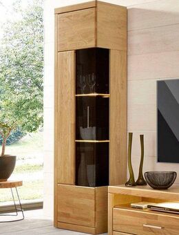 Home affaire Vitrine Ribe,180cm hoch,5 Fächer,2 Glasböden variabel einsetzbar Korpus aus Holzwerkstoff,dunkles gehärtetes Glas, Metall Griffe