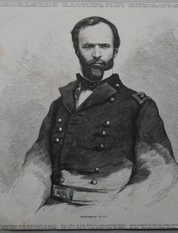 Alte Grafik : General Sherman ,William Tecumseh Sherman ( 1820 - 1891) US - Armee , Blatt von 1865 , Größe 26,5cm x 26cm , M24 - Görlitz