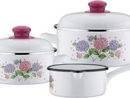 GSW Topf-Set Hortensie, Stahl-Emaille (Set, 5-tlg., 1x Kochtopf Ø 16 cm, 1x Kochtopf Ø 20 cm, 1x Stielkasserolle Ø 16 cm), Induktion