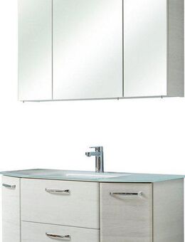 Saphir Badmöbel-Set Quickset 2-teilig, Glas-Waschtisch mit LED-Spiegelschrank, 5 Türen, (Set, 2-St), Unterschrank mit Waschbecken, inkl. Türdämpfer, Griffe Chrom Glanz