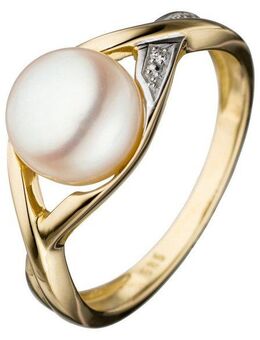 JOBO Perlenring, 585 Gold bicolor mit Süßwasser-Zuchtperle und Diamant