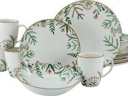 CreaTable Kombiservice Geschirr-Set Greenery Leaves (16-tlg), 4 Personen, Steingut, Service, traditionelles Blumen- und Farnmotiv, 16 Teile für 4 Personen