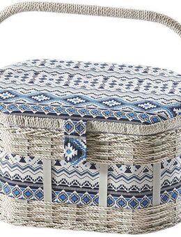 locker Nähkästchen, oval, aus Kunststoff und Textil mit blau weißem Muster
