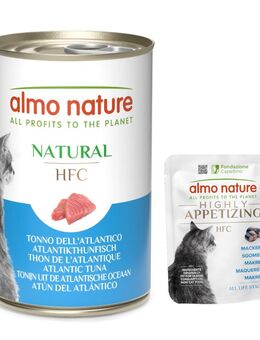 6 x 140 g Almo Nature HFC Natural + 6 x 50 g Nassfutter zum Sonderpreis! - Atlantikthunfisch + Highly Appetizing Makrele