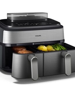 Philips Heißluftfritteuse 5000 Series NA555/00, Dual Basket mit Steam und 9L Kapazität (6L+3L), 2750 W, RapidAir Plus Technologie und 19 Kochfunktionen, Silber/Edelstahl