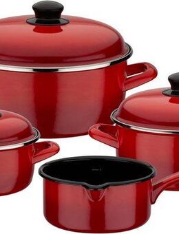 GSW Topf-Set Red Shadow, Emaille (Set, 7-tlg., je 1 Kochtopf 16/20/24 cm, 1x Stielkasserolle 16 cm), Induktion