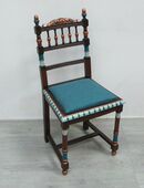 STUHL Gründerzeit, Nußbaum dunkel + Petrol-Mint-Kupfer, um 1880, UNIKAT handbemalt in 53489