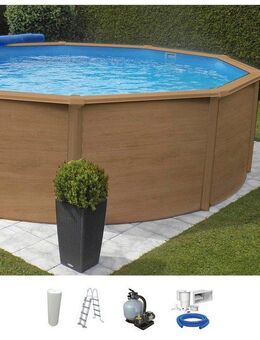 KWAD Rundpool Wood Design, inkl. Sicherheitsleiter und Zubehör (Set, 5-tlg), 5-tlg., H: 132 cm, sandfarbene Innenfolie