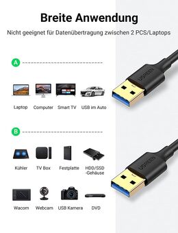 USB 3.0 Typ A, High-Speed Datenleitung, Stecker, Stecker, 200cm lang, vergoldete Anschlüsse, doppelt geschirmt, Knickschutz, schwarz mit einer Datenübertragung von bis zu 500MB/s - Fürth