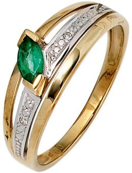 JOBO Diamantring, 585 Gold bicolor mit 2 Diamanten und Smaragd