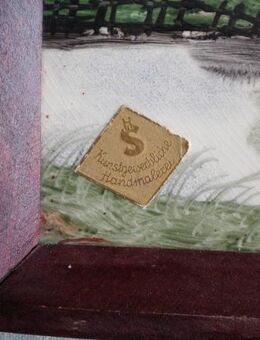 HS-Holz-Tablett mit 2 Keramik-Kacheln,handgemalt,Alt,ca. 50/60er Jahre,ca. 32x17,5 cm - Linnich