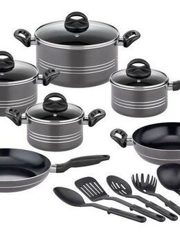 GSW Topf-Set Milano Nero, Aluminium (Set, 15-tlg., je 1 Kochtopf 16/20/2 cm, 1 Stielkasserolle 16cm, je 1 Pfanne 24/28cm), Induktion, inkl. 5-teiliges Küchenhelfer-Set