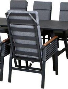 KONIFERA Garten-Essgruppe Edessa Komfort, (Set, 17-tlg., 8x Stuhl mit Rückenverstellung, 1x Tisch 220x97x74 cm, inkl. Auflagen), Tischplatte aus Alu-Lamellen,Armlehne mit Seilgeflecht&Noonwood-Latten