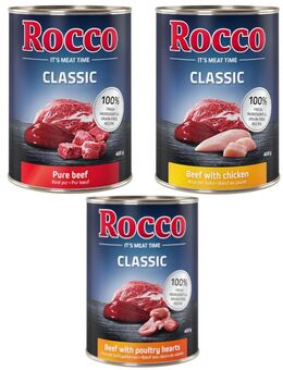 15% Rabatt! 6 x 400 g Rocco Nassfutter - Topseller-Mix: Rind pur, Rind/Geflügelherzen, Rind/Huhn
