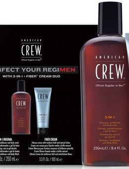 American Crew Haarpflege-Set Regimen 3In1 Fiber Cream Duo Set Limited Edition, Set, 2-tlg., Set für Herren, verleiht Haar mittleren Halt und natürlichen Glanz.