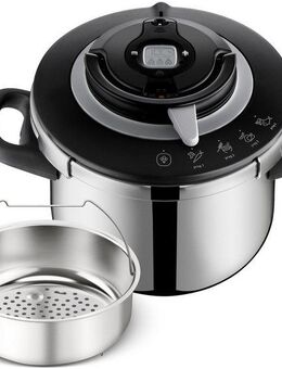 Tefal Schnellkochtopf Clipso+ CHEF, 6 Liter Dampfkochtopf, Edelstahl, 4 Kochprogramme, 6 Sicherheitsstufen, abnehmbarer Timer