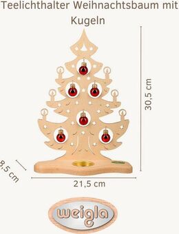Weigla Teelichthalter Weihnachtsbaum mit roten Kugeln, NATUR, Erzgebirge garantiert, Weihnachtsdeko Innen, Weihnachtsbeleuchtung