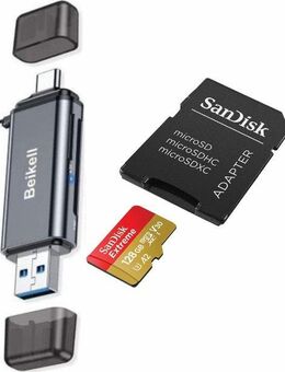 OTG Speicherkartenleser Beikell DUAL Twin, USB 3.0 Typ A & Typ C, SD & MicroSD Laufwerke, SanDisk Extreme MicroSDXC128GB mit einer Datenübertragung von bis zu 200MB/s, inklusive SD-Adapter - Fürth