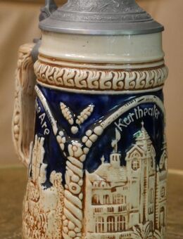 Alter Bierkrug mit Zinndeckel , Bad Neuenahr , Motiv - Kurtheater , Burgruine Are und Bunte Kuh , 0,5Liter , Höhe 23cm - Görlitz