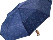 EuroSCHIRM® Taschenregenschirm Taschenschirm 32P7, Kreise blau, marineblau, kompakte Größe, Automatik, Holzgriff aus Buche