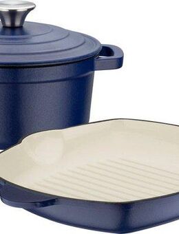 GSW Topf-Set Blue Magic, Gusseisen (Set, 3-tlg., 1x Kochtopf mit Deckel Ø 20 cm, 1x Grillpfanne 27 x 27 cm), Dunstzapfen im Deckel zum Garen im eigenen Saft, Induktion