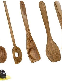 Metaltex Kochbesteck-Set (Set, 5-tlg., 2 Kochlöffel, 1 Pfannenwender, 2tlg. Salatbesteck), Olivenholz
