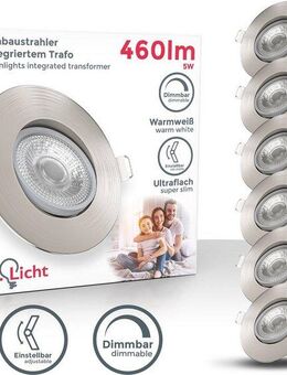 B.K.Licht LED Einbauleuchte 6er Set Einbaustrahler, Dimmbar, Schwenkbar, LED Einbauspots, Dimmfunktion, LED fest integriert, Warmweiß, 3.000K, 480Lm, 4,9W, Kunststoff, 9 x 2,4 cm, Nickel